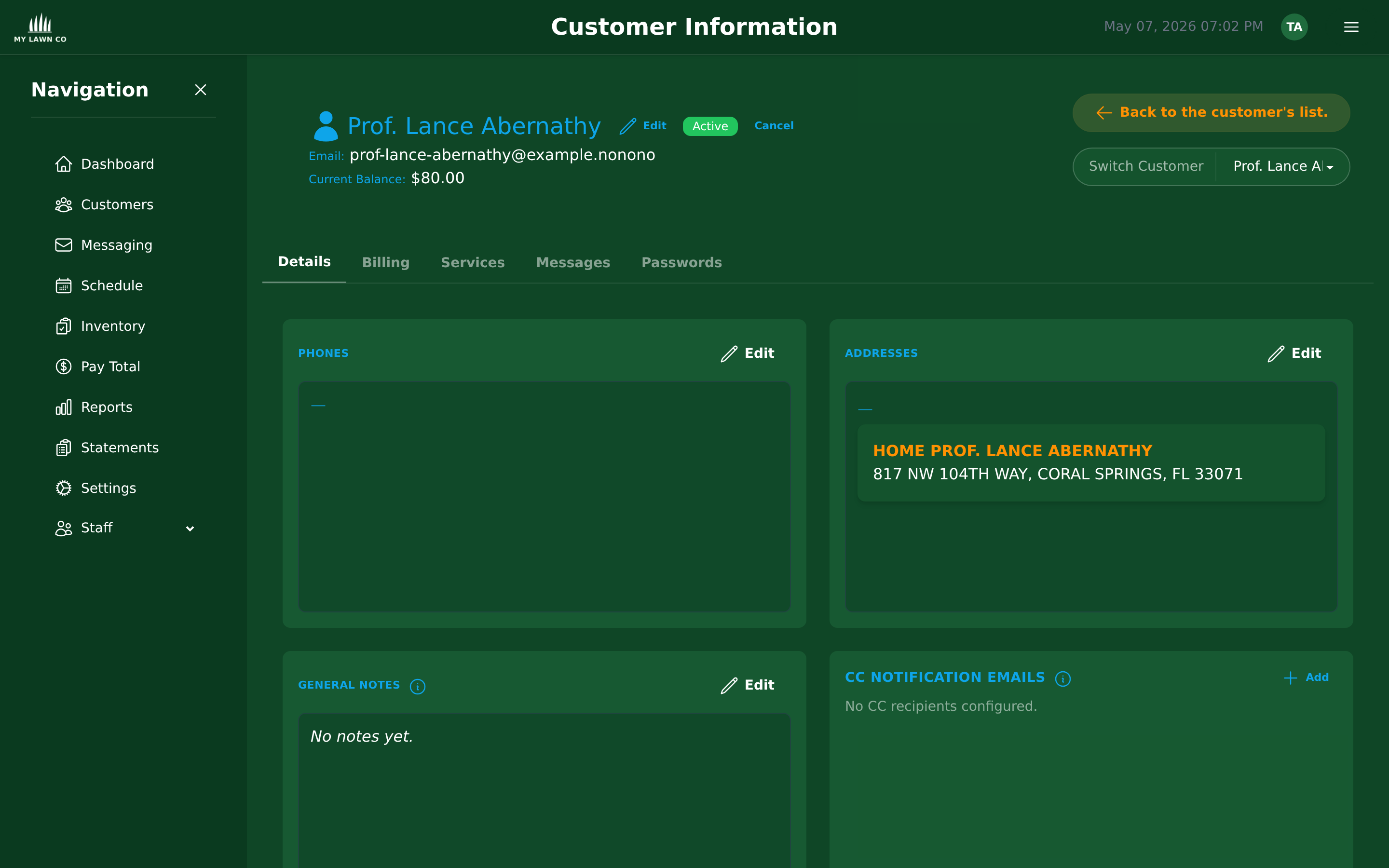Customer detail page with contact info, addresses, and notes
