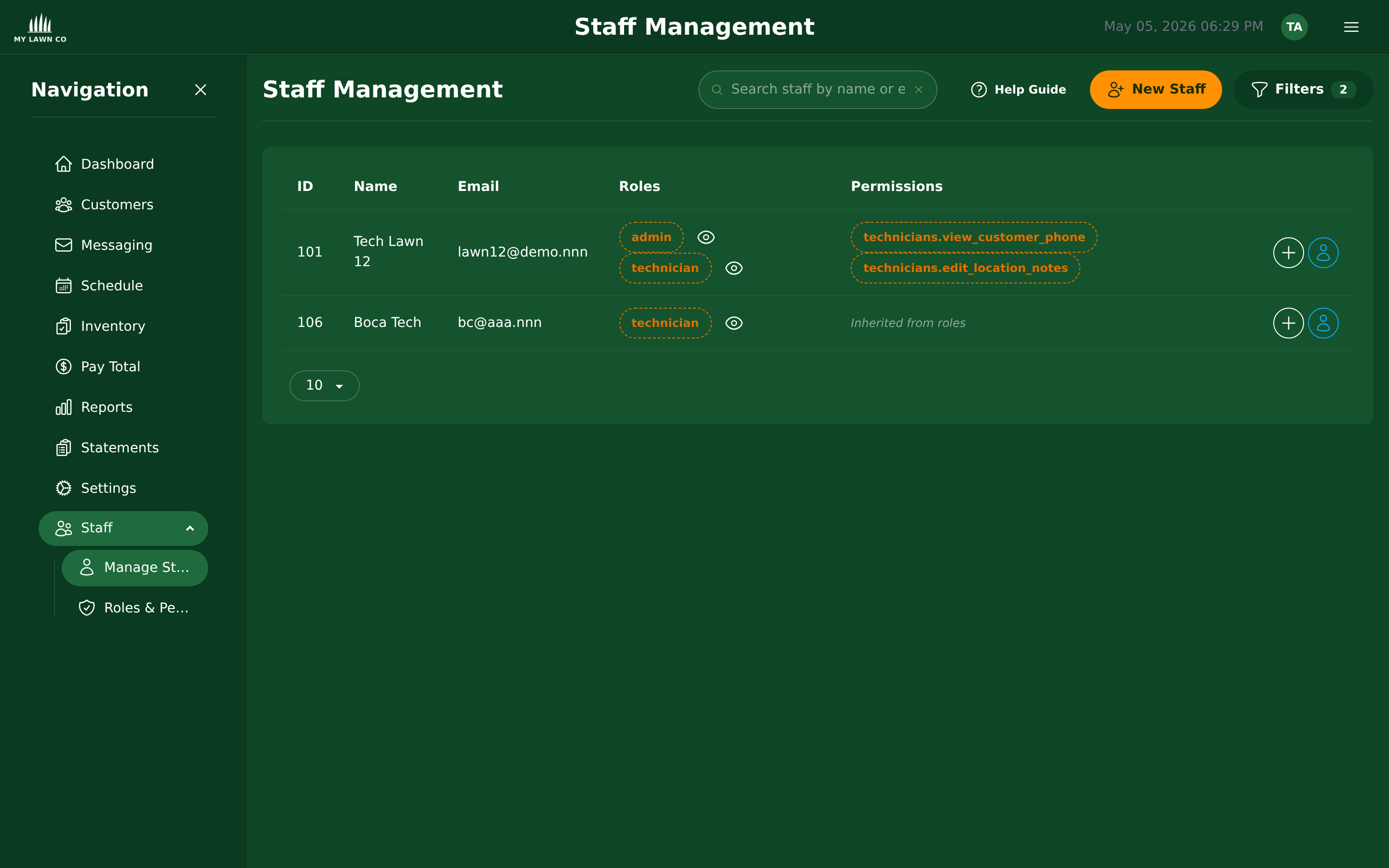 Staff management with roles, permissions, and impersonate buttons