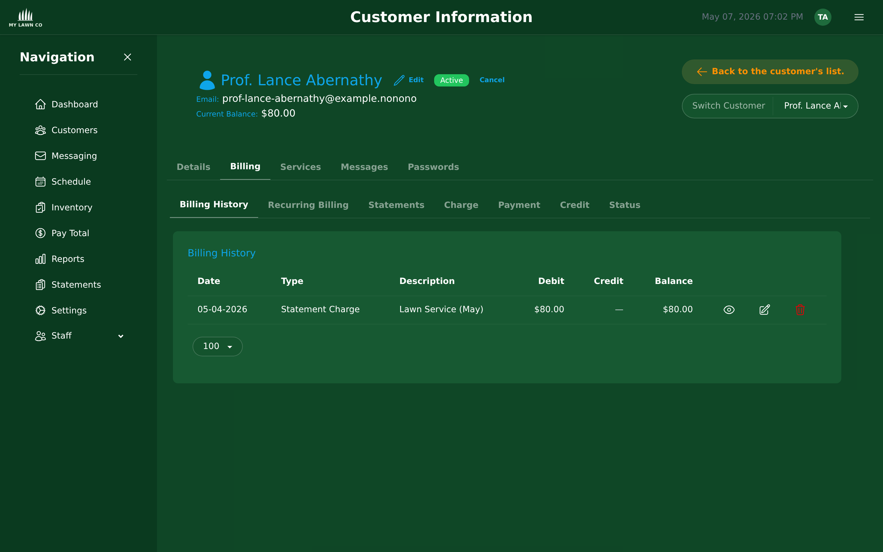 Customer billing history with date, type, description, debit, credit, and running balance