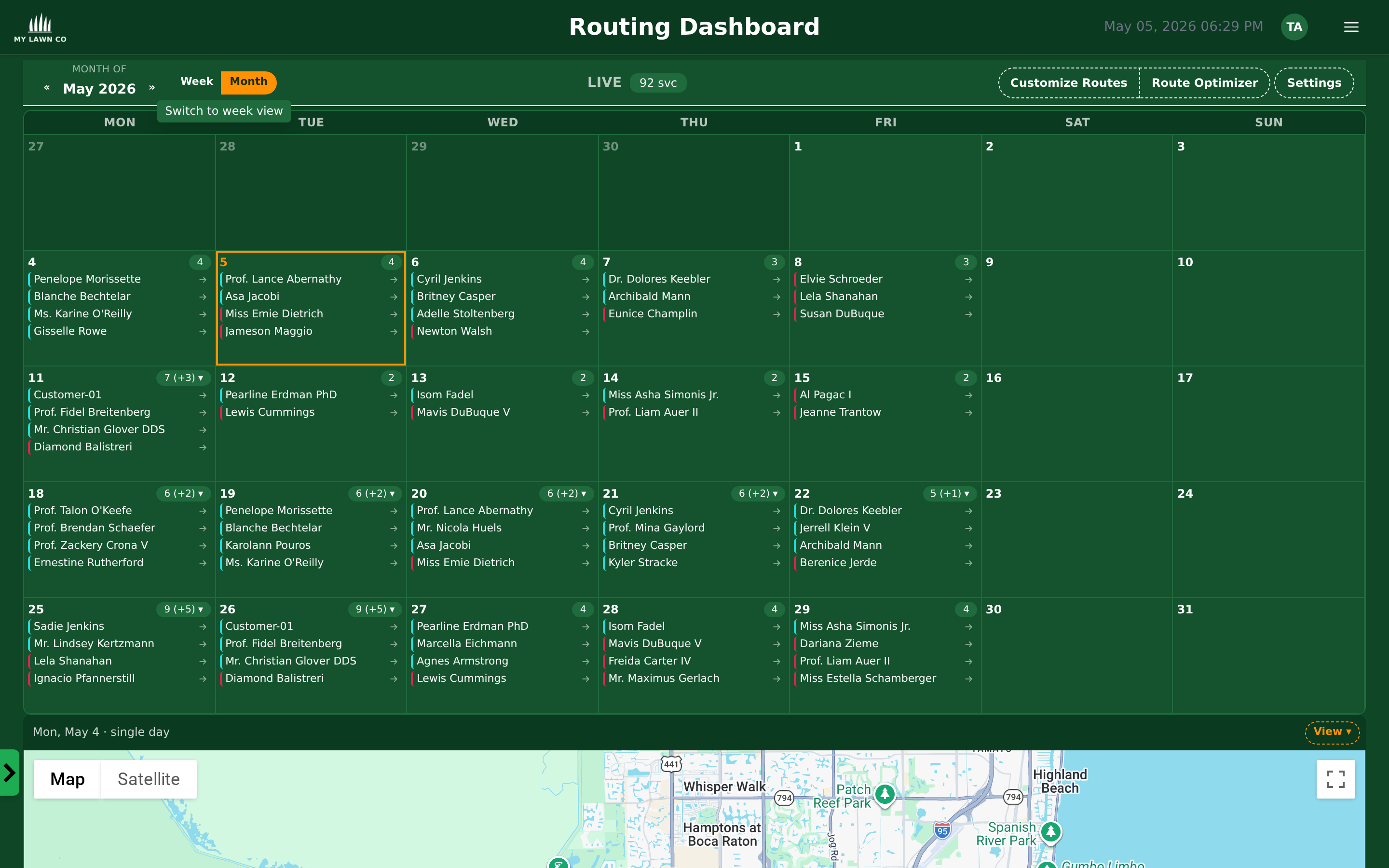 Routing dashboard month view with per-day technician assignments across the calendar
