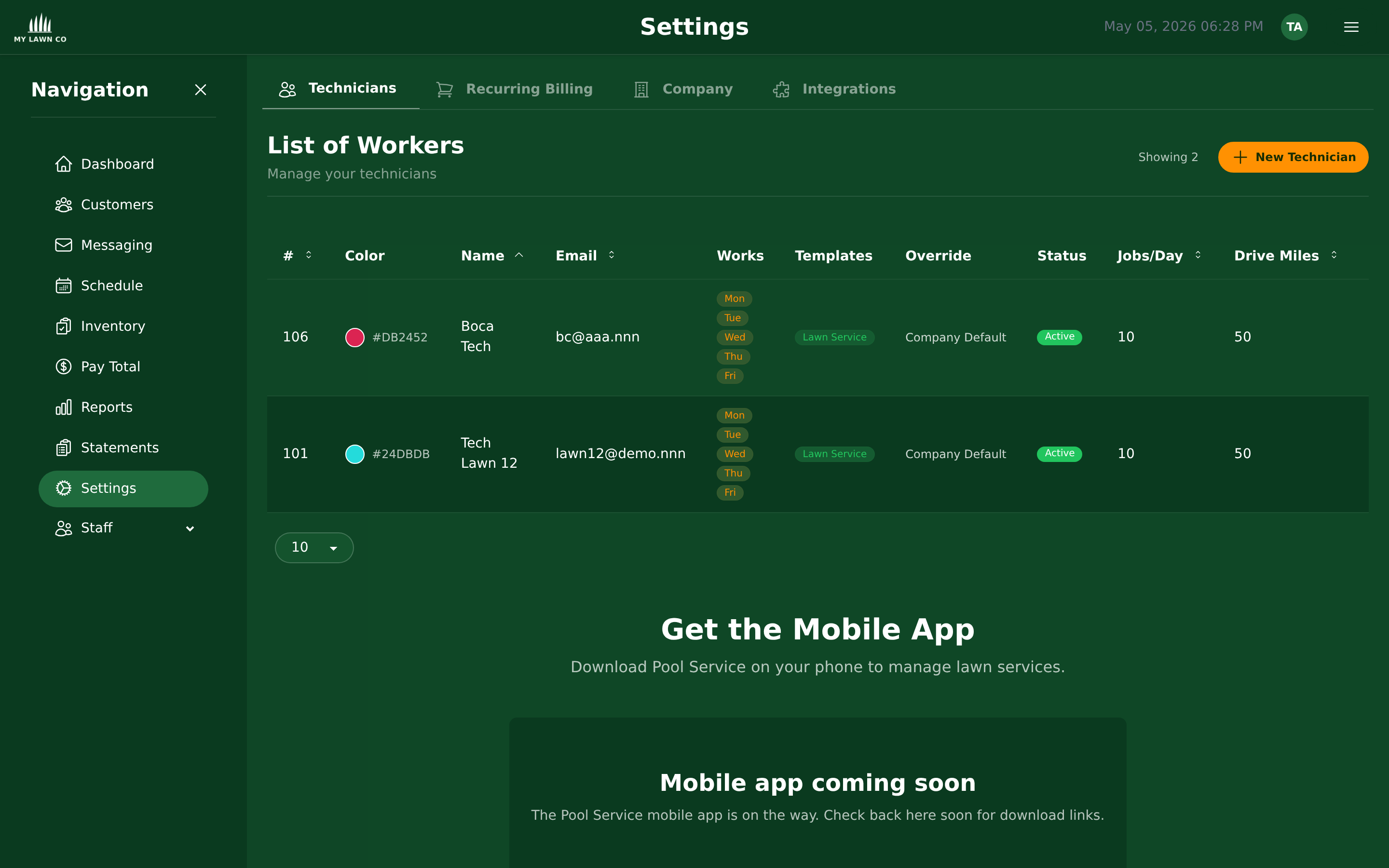 Company settings with billing, payment gateway, and portal configuration