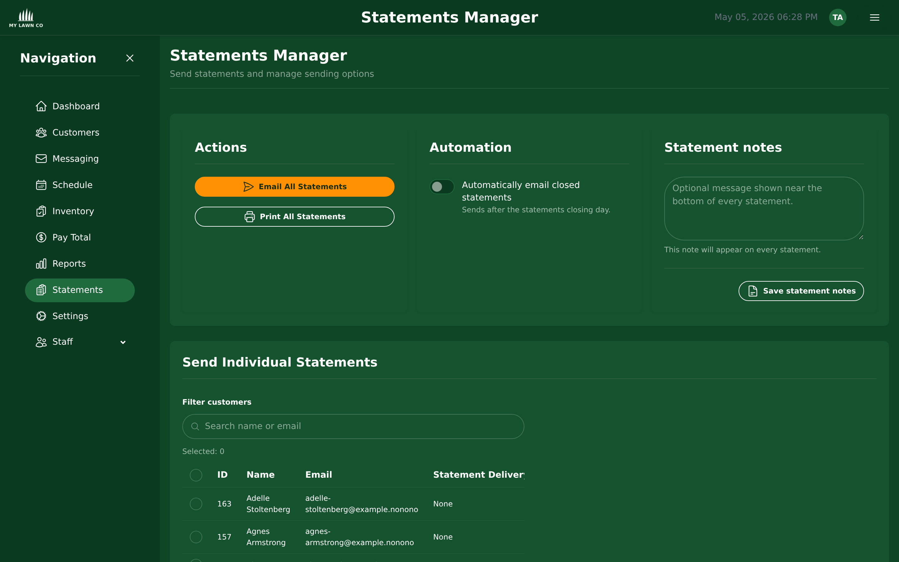 Statements Manager with email all, print all, and automation settings