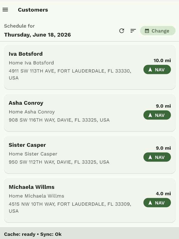 EZ Lawn Biller mobile app daily schedule with customer stops and navigation