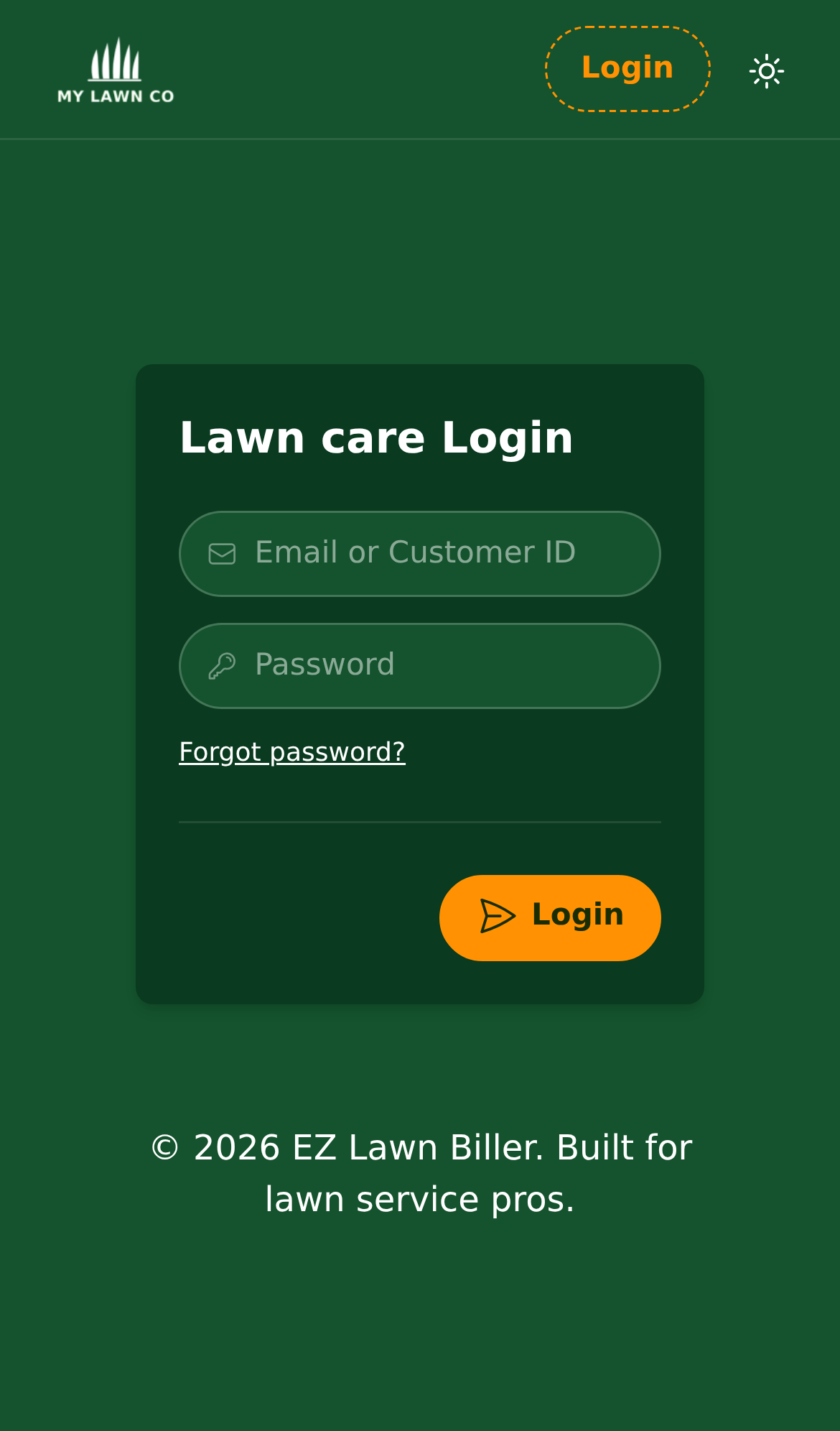 EZ Lawn Biller mobile app login screen