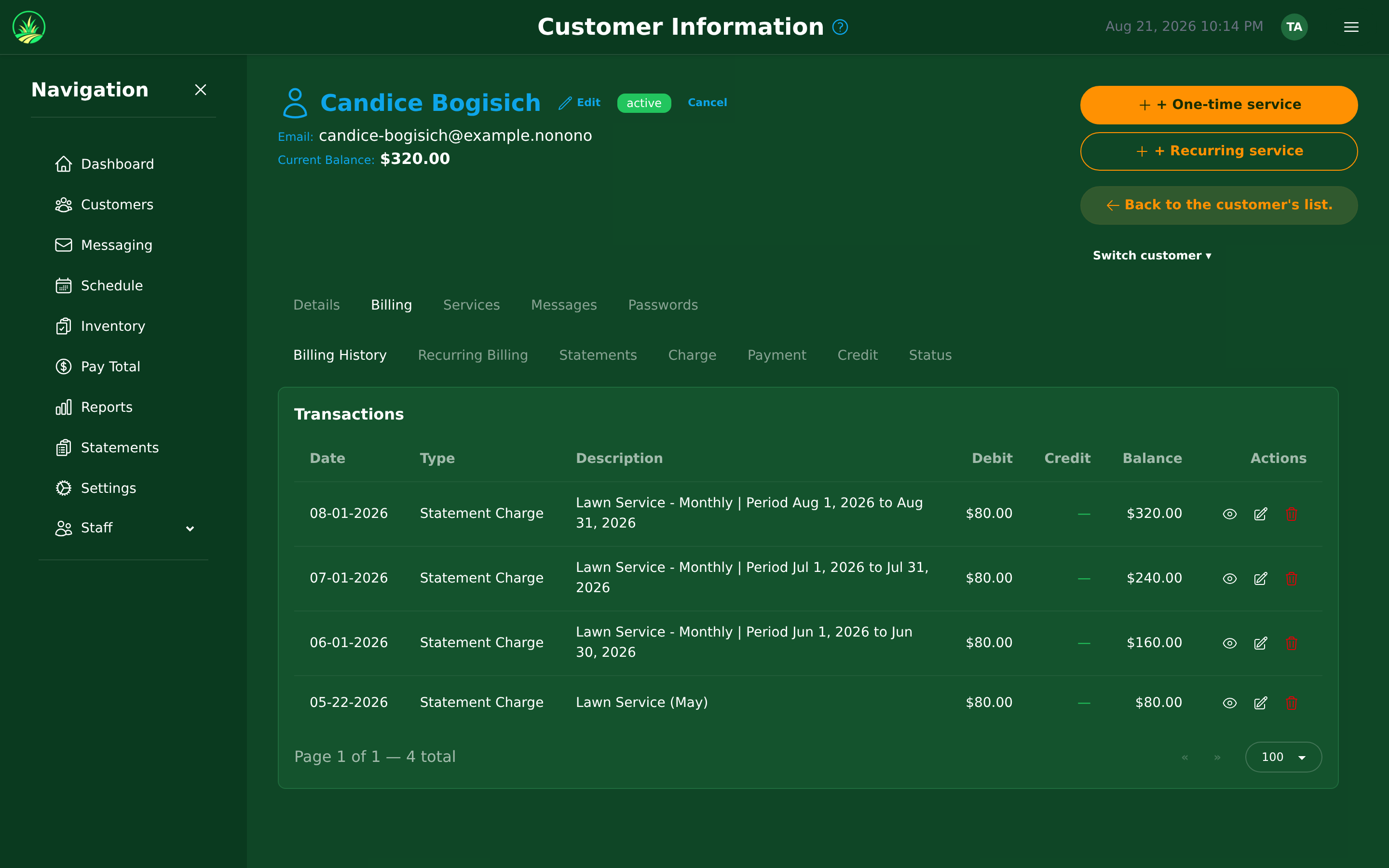 The Billing tab — charges, payments and credits in one place