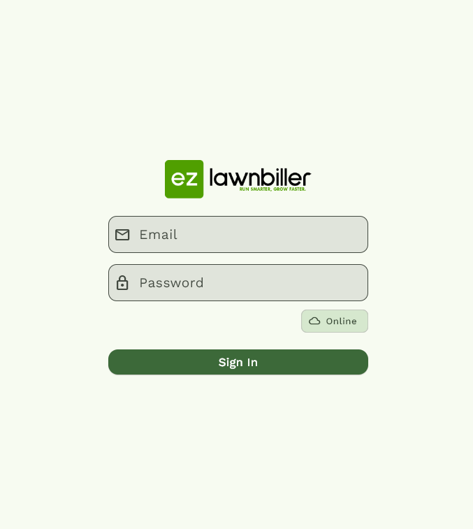 The login screen on the EZ Lawn Biller app